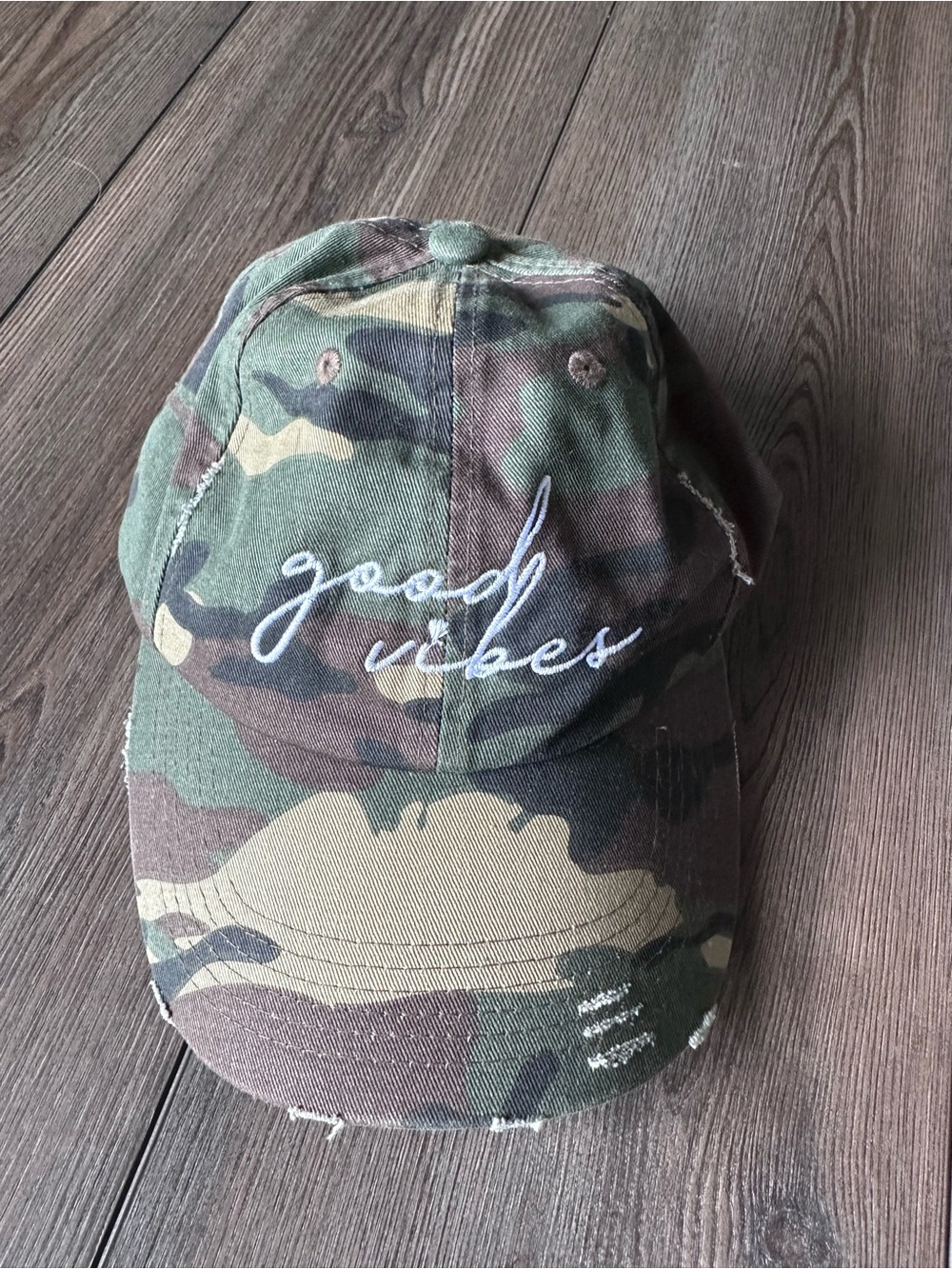 District Camo 'Good Vibes' Distressed Baseball Cap - Green, Brown